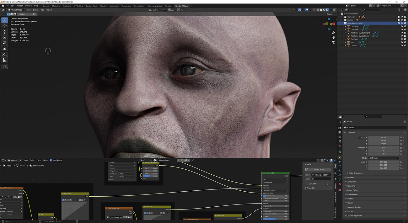 Blender 3d head model photorealistic skin shading